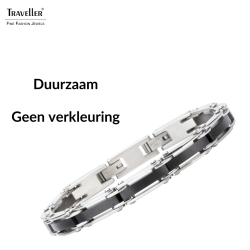Traveller Armband - Heren - Zilverkleurig - Edelstaal - Zwart PVD - 21 x 0,8 cm - 181059
