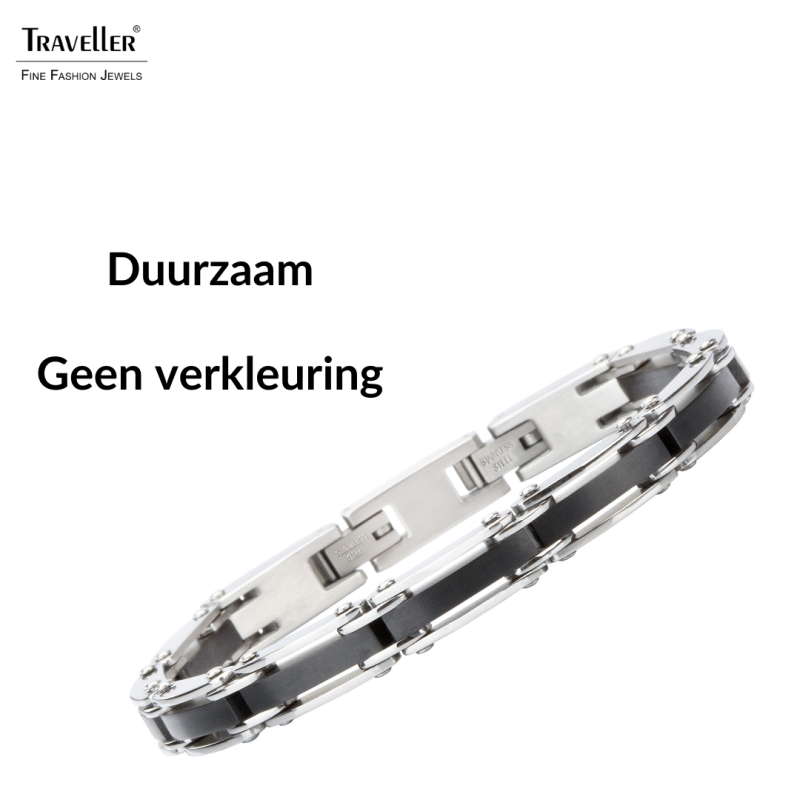 Traveller Armband Heren - Zilverkleurig - Edelstaal - Zwart PVD - 21 x 0,8 cm - 181059