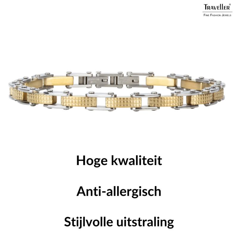 Traveller Armband Heren - Zilverkleurig & Goudkleurig - Edelstaal - verguld - 21 x 0,6 cm - 181060
