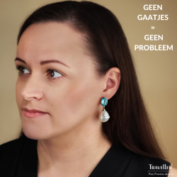 Traveller Clip Oorbellen - Hangers - Barok Parel - 20x17 mm - Wit - Kristallen - Blauw - Geplatineerd - 42x17 mm