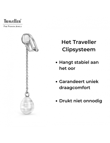 Traveller Clip Oorbellen - Hangers - Zilverkleurig - Barok Parels - 10x8mm - Wit - Geplatineerd - 50x8 mm - 114272