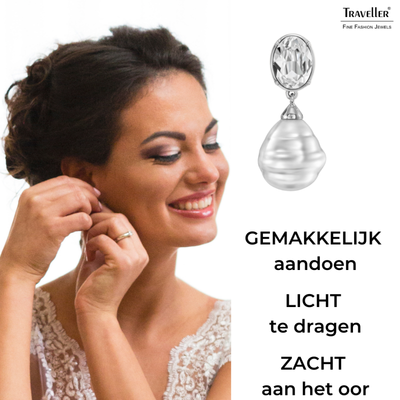 Traveller Clip Oorbellen - Hangers - Zilverkleurig - Barok Parels - 20x17mm - Kristallen - Geplatineerd - 42x17mm