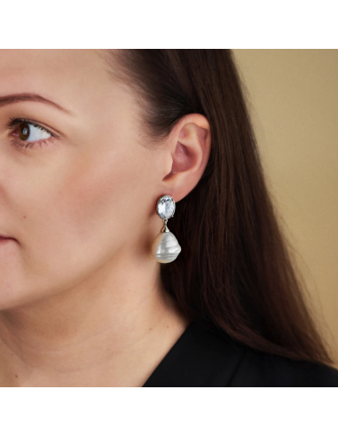 Traveller Clip-on Earrings - Drop Earring - Silver Plated - Baroque Pearls -20x17mm- White - Crystals - 42mm - 114285