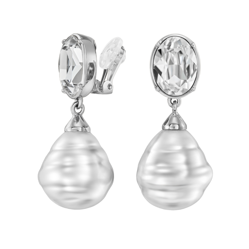 Traveller Clip-on Earrings - Drop Earring - Silver Plated - Baroque Pearls -20x17mm- White - Crystals - 42mm - 114285