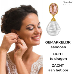 Traveller Clip Oorbellen - Hangers - Goudkleurig - Barok Parels -20x17 mm- Wit - Kristallen - Roze - Verguld -42x17 mm