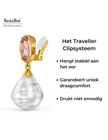 Traveller Statement Oorbellen - Hangers - Goudkleurig - Barok Parels -20x17 mm- Wit - Kristallen - Roze - Verguld -42x17 mm