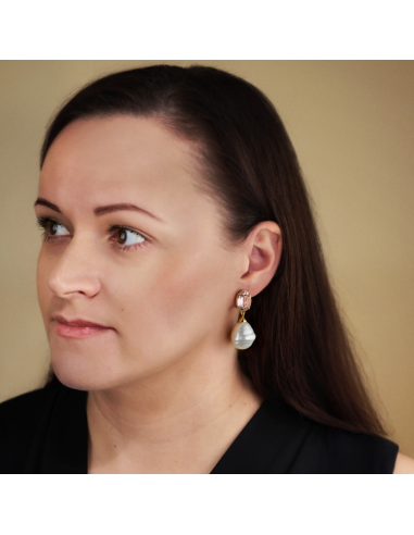 Traveller Clip-on Earrings - Drop Earring - Gold Plated - Baroque Pearls -20x17mm- White - Crystals - Pink -42mm