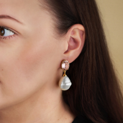 Traveller Clip-on Earrings - Drop Earring - Gold Plated - Baroque Pearls -20x17mm- White - Crystals - Pink -42mm