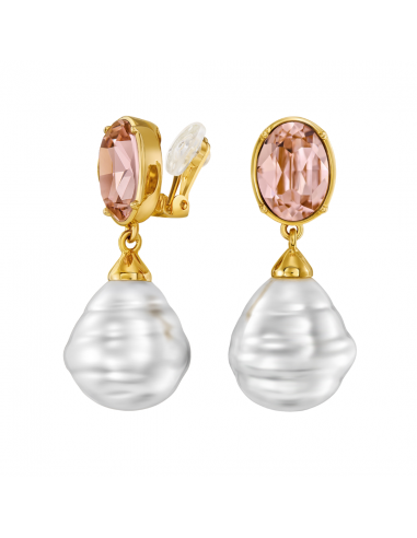Traveller Clip-on Earrings - Drop Earring - Gold Plated - Baroque Pearls -20x17mm- White - Crystals - Pink -42mm - 114286
