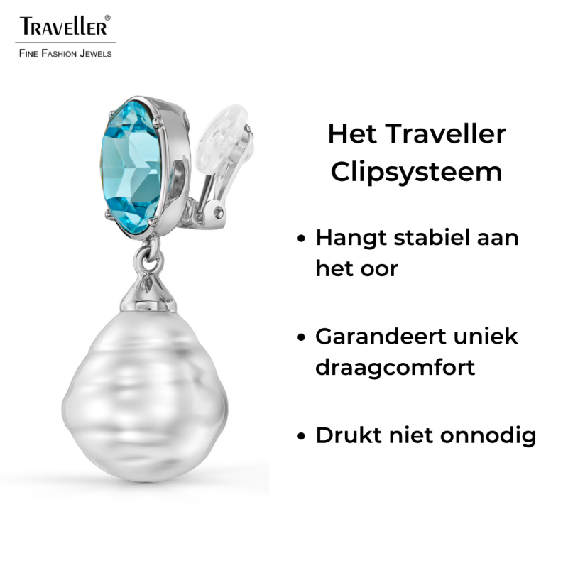 Traveller Clip Oorbellen - Hangers - Barok Parel - 20x17 mm - Wit - Kristallen - Blauw - Geplatineerd - 42x17 mm
