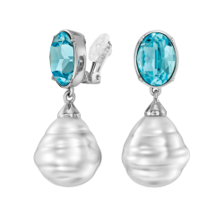 Traveller Clip-on Earrings - Baroque Pearls - 20x17mm - White - Crystals - Blue - Platinum Plated - 42x17mm - 114287