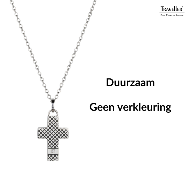 Traveller Kruis Ketting - Heren - Ketting Man - Edelstaal - Zirkonia - 50+5cm lang