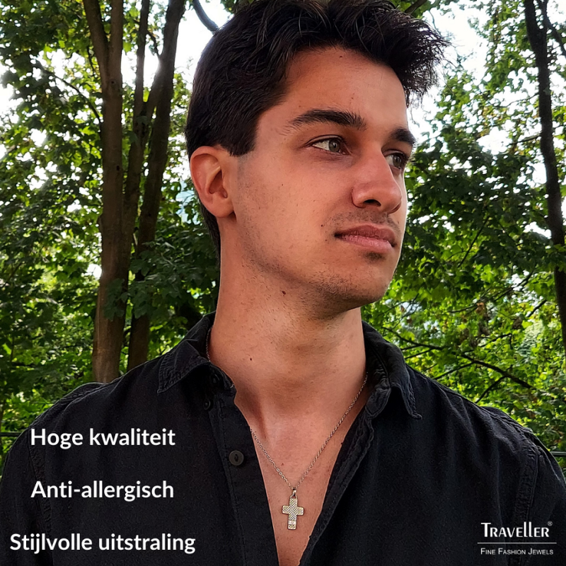 Traveller Ketting met Hanger - Heren - Edelstaal - Zirkonia - 50 + 5 cm