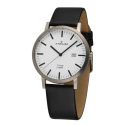 ATRIUM Herren Armbanduhr - Schwarzes Lederband - Weisses Zifferblatt - Datum - Titan - 5 bar - A40-13