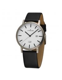 ATRIUM men's wristwatch - Black leather strap - White dial - Date - Titanium...