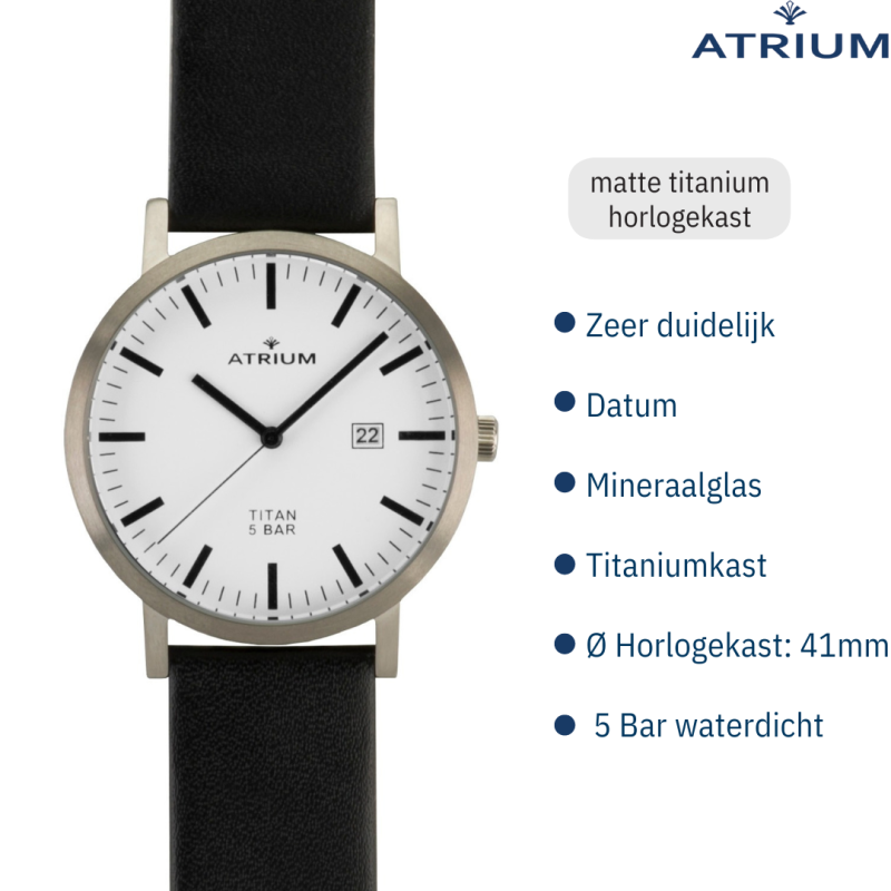 ATRIUM men's wristwatch - Black leather strap - White dial - Date - Titanium - 5 bar - A40-13 ATRIUM men's wristwatch - Black leather strap - White dial - Date - Titanium - 5 bar - A40-13