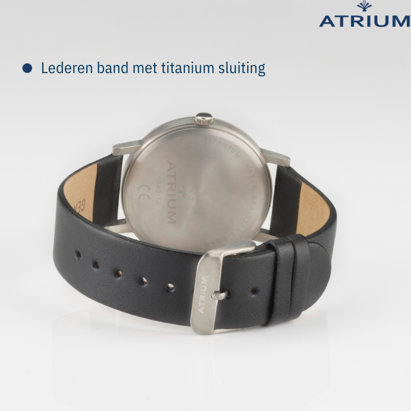 ATRIUM men's wristwatch - Black leather strap - White dial - Date - Titanium - 5 bar - A40-13 ATRIUM men's wristwatch - Black leather strap - White dial - Date - Titanium - 5 bar - A40-13