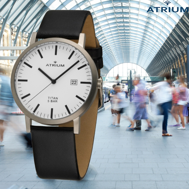 ATRIUM men's wristwatch - Black leather strap - White dial - Date - Titanium - 5 bar - A40-13 ATRIUM men's wristwatch - Black leather strap - White dial - Date - Titanium - 5 bar - A40-13