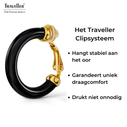 Traveller Clip Oorbellen - Oorringen - Verguld 22ct - Zwart Resin - 25 mm