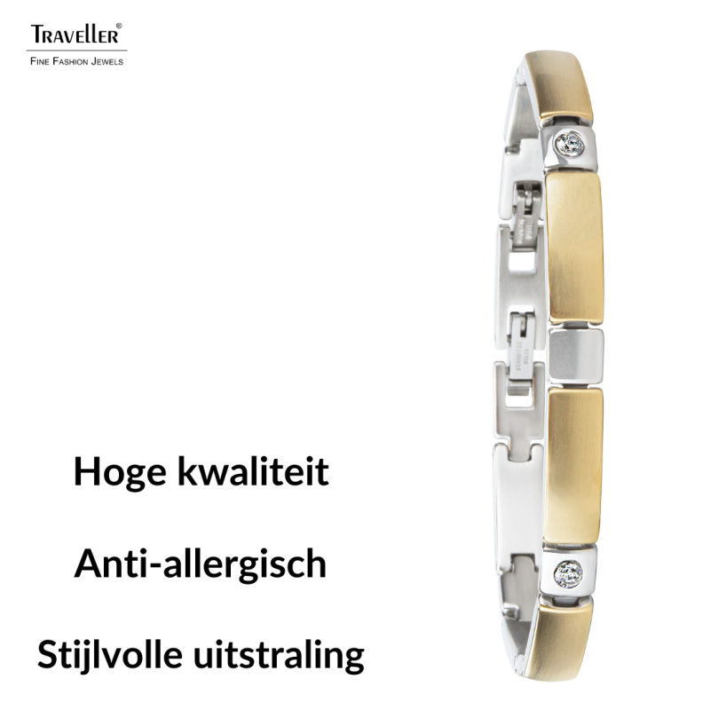 Traveller Armband - Bicolor - Edelstaal - Zirconia Kristallen - 18-19,5 cm - Verguld & Geplatineerd - 180923