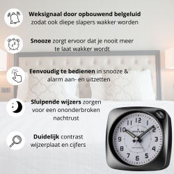 ATRIUM Wekker - Radiogestuurd - Analoog - Geen tikgeluid - Afgerond vierkant model - Duidelijk - Zwart - A610-7
