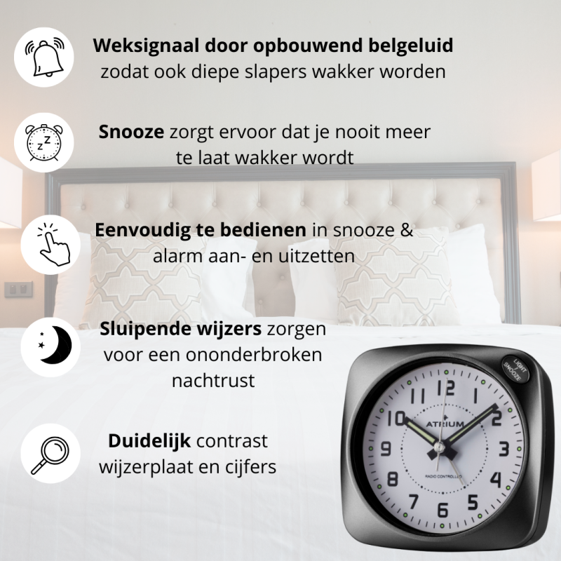 ATRIUM Wekker - Radiogestuurd - Analoog - Geen tikgeluid - Afgerond vierkant model - Duidelijk - Zwart - A610-7