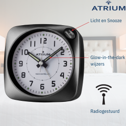 ATRIUM Wekker - Radiogestuurd - Analoog - Geen tikgeluid - Afgerond vierkant model - Duidelijk - Zwart - A610-7