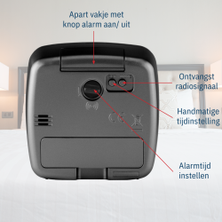 ATRIUM Wekker - Radiogestuurd - Analoog - Geen tikgeluid - Afgerond vierkant model - Duidelijk - Zwart