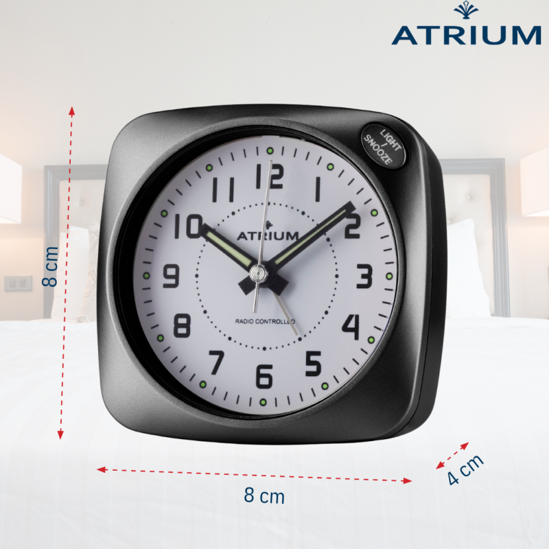 ATRIUM Wekker - Radiogestuurd - Analoog - Geen tikgeluid - Afgerond vierkant model - Duidelijk - Zwart - A610-7