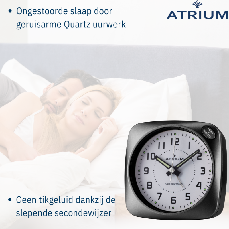 ATRIUM Wekker - Radiogestuurd - Analoog - Geen tikgeluid - Afgerond vierkant model - Duidelijk - Zwart