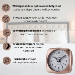 ATRIUM Wekker - Radiogestuurd - Analoog - Geen tikgeluid - Afgerond vierkant model - Duidelijk - Rose Metallic - A61017