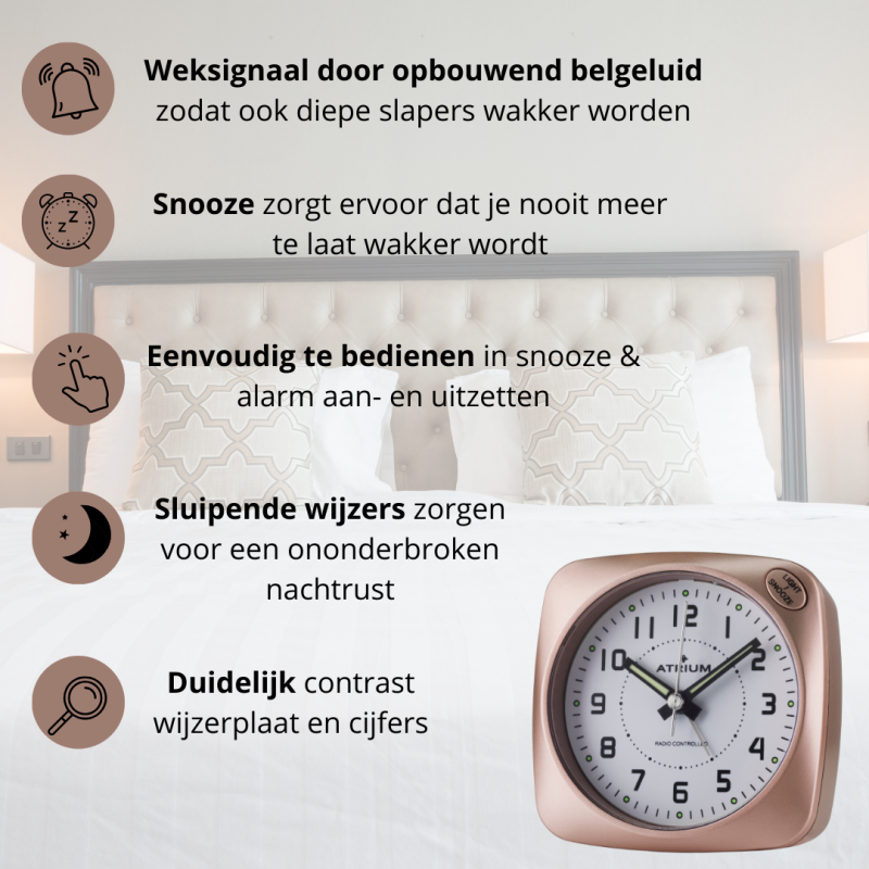 ATRIUM Wekker - Radiogestuurd - Analoog - Geen tikgeluid - Afgerond vierkant model - Duidelijk - Rose Metallic