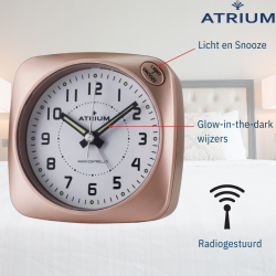 ATRIUM Wekker - Radiogestuurd - Analoog - Geen tikgeluid - Afgerond vierkant model - Duidelijk - Rose Metallic