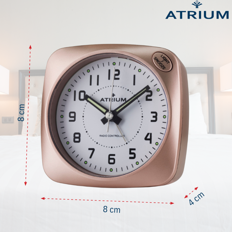 ATRIUM Wekker - Radiogestuurd - Analoog - Geen tikgeluid - Afgerond vierkant model - Duidelijk - Rose Metallic - A61017