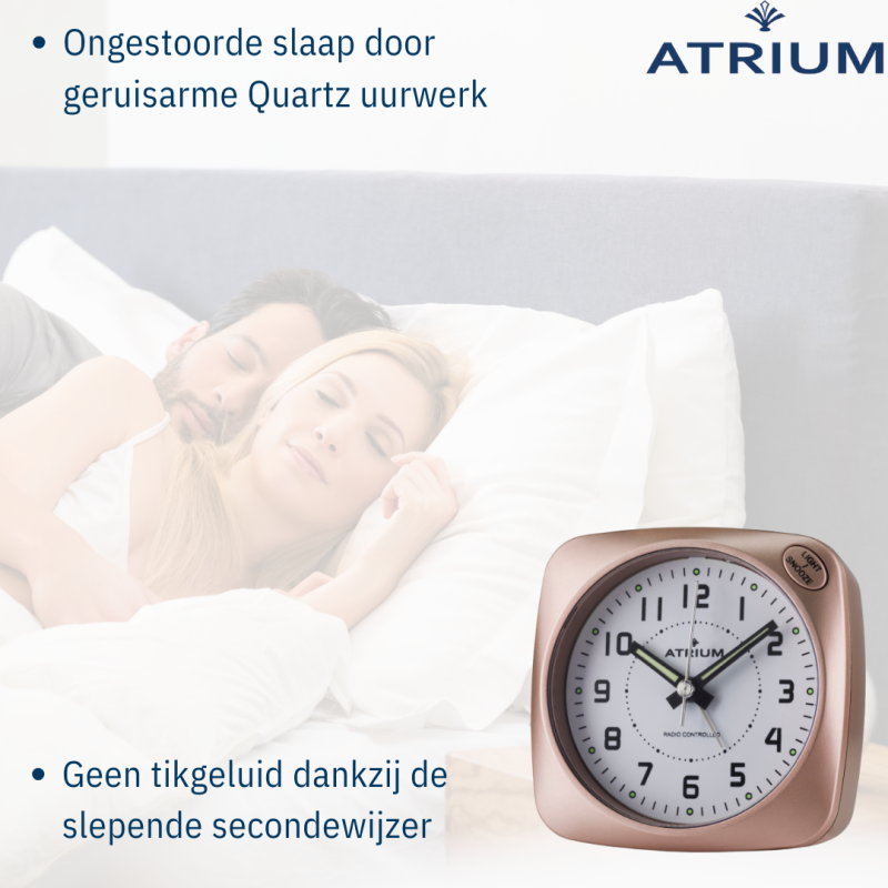 ATRIUM Wekker - Radiogestuurd - Analoog - Geen tikgeluid - Afgerond vierkant model - Duidelijk - Rose Metallic - A61017