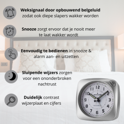 ATRIUM Wekker - Radiogestuurd - Analoog - Geen tikgeluid - Afgerond vierkant model - Duidelijk - Zilver