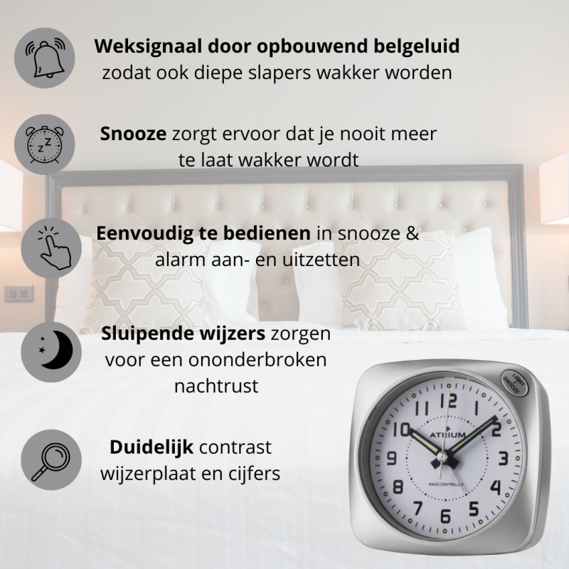 ATRIUM Wekker - Radiogestuurd - Analoog - Geen tikgeluid - Afgerond vierkant model - Duidelijk - Zilver - A610-19