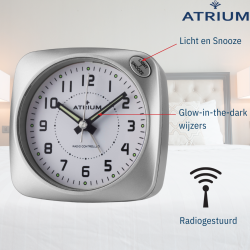 ATRIUM Wekker - Radiogestuurd - Analoog - Geen tikgeluid - Afgerond vierkant model - Duidelijk - Zilver - A610-19