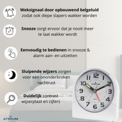 ATRIUM Alarmclock - Analogue - White - Clear - Build-up Alarmsound - Snooze - No ticking sound - A218-0