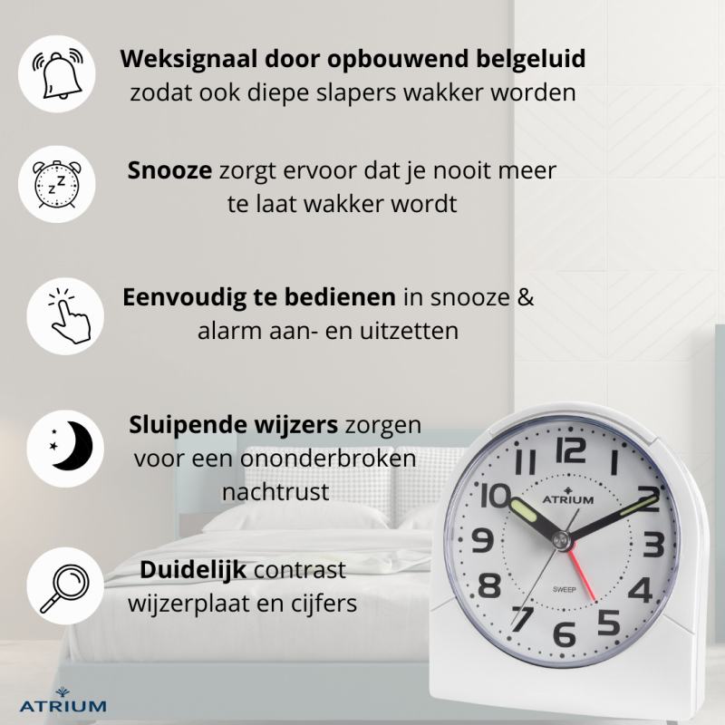 ATRIUM Wekker - Analoog - Wit - Duidelijk - Opbouwend Alarm - Snooze - Zonder Tikgeluid