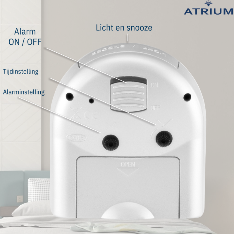 ATRIUM Alarmclock - Analogue - White - Clear - Build-up Alarmsound - Snooze - No ticking sound