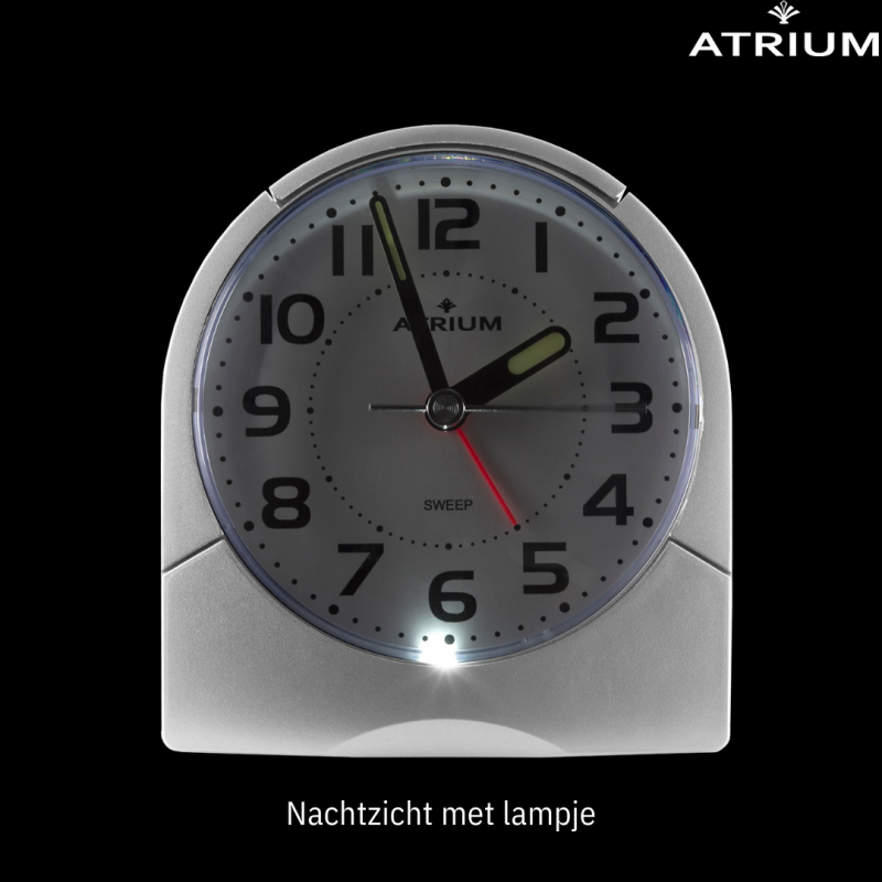 ATRIUM Alarmclock - Analogue - White - Clear - Build-up Alarmsound - Snooze - No ticking sound