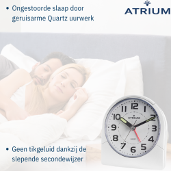 ATRIUM Alarmclock - Analogue - White - Clear - Build-up Alarmsound - Snooze - No ticking sound