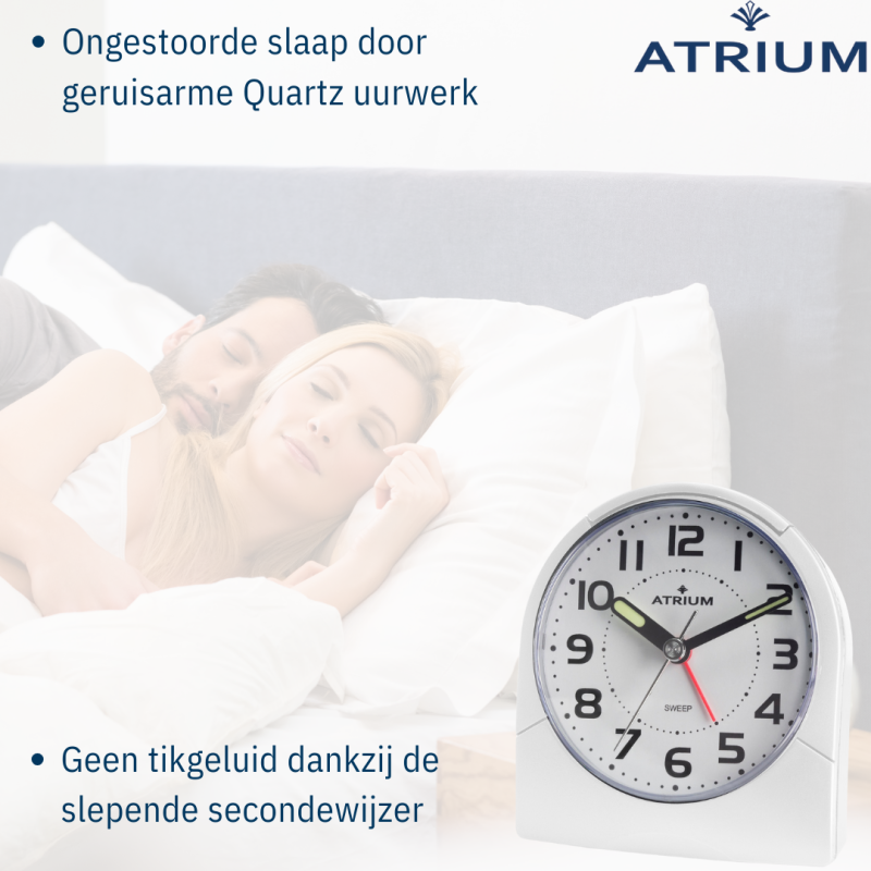 ATRIUM Wekker - Analoog - Wit - Duidelijk - Opbouwend Alarm - Snooze - Zonder Tikgeluid - A218-0