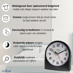 ATRIUM Wekker - Analoog - Zwart - Duidelijk - Opbouwend Alarm - Snooze - Zonder Tikgeluid - A218-7