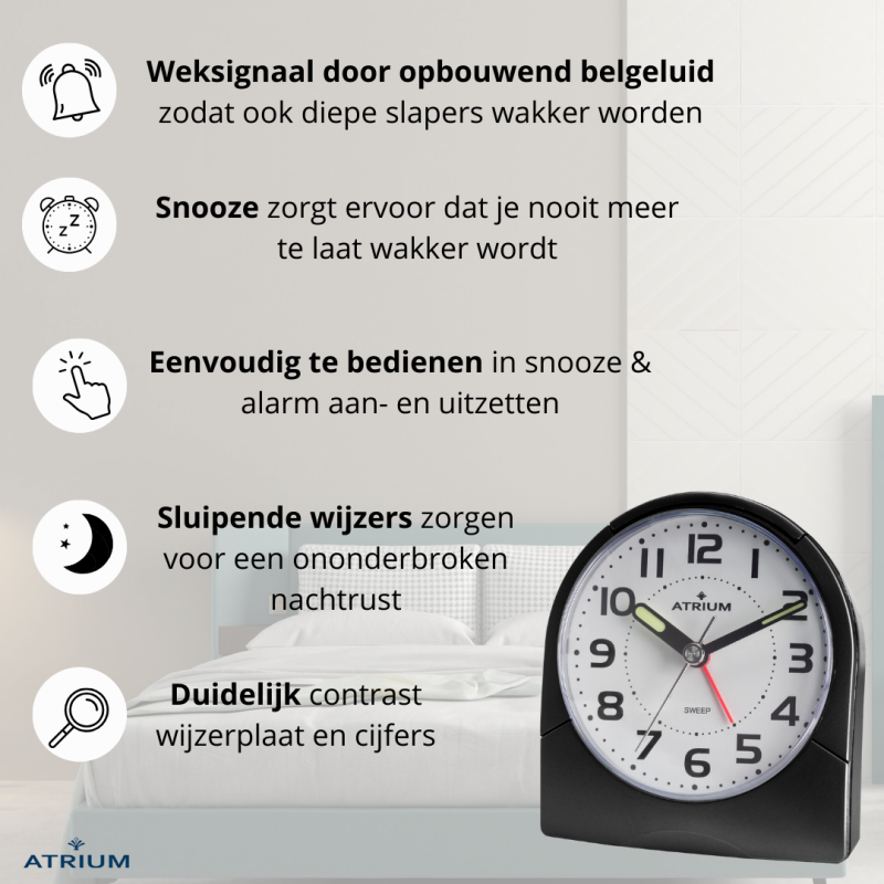 ATRIUM Wekker - Analoog - Zwart - Duidelijk - Opbouwend Alarm - Snooze - Zonder Tikgeluid - A218-7