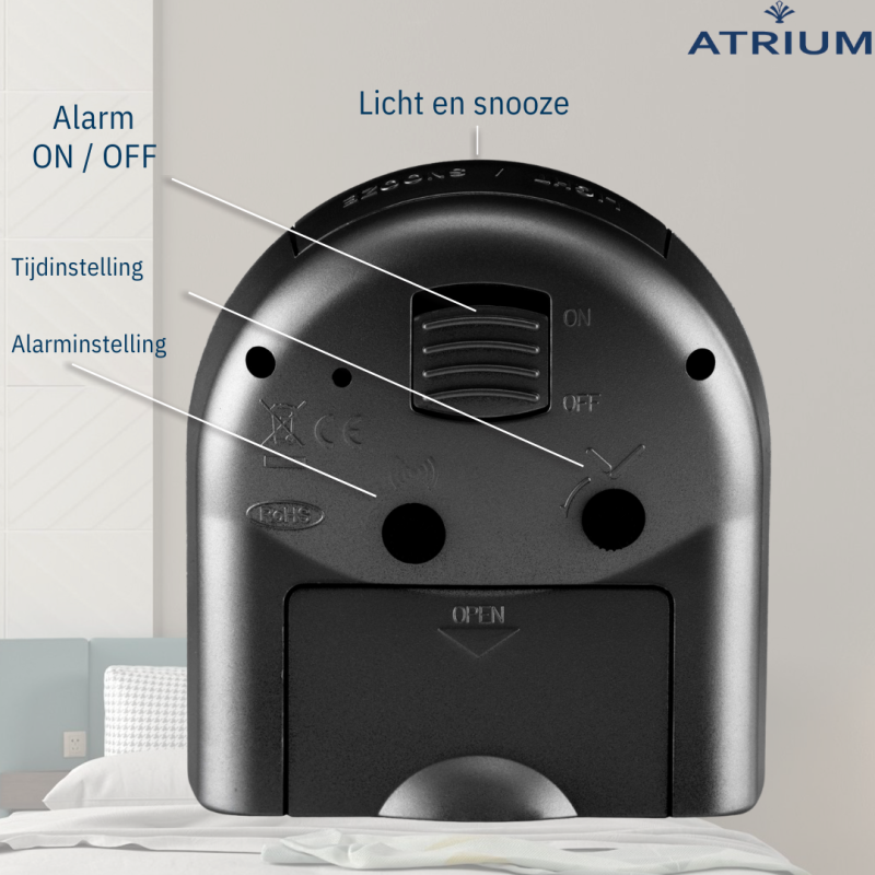 ATRIUM Alarmclock - Analogue - Black - Clear - Build-up Alarmsound - Snooze - No ticking sound