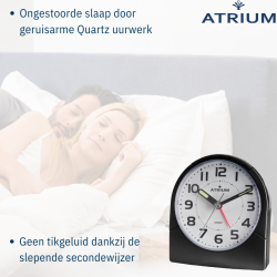 ATRIUM Alarmclock - Analogue - Black - Clear - Build-up Alarmsound - Snooze - No ticking sound - A218-7