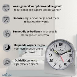 ATRIUM Wekker - Analoog - Zilver - Duidelijk - Opbouwend Alarm - Snooze - Zonder Tikgeluid