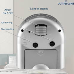 ATRIUM Alarmclock - Analogue - Silver - Clear - Build-up Alarmsound - Snooze - No ticking sound - A218-19